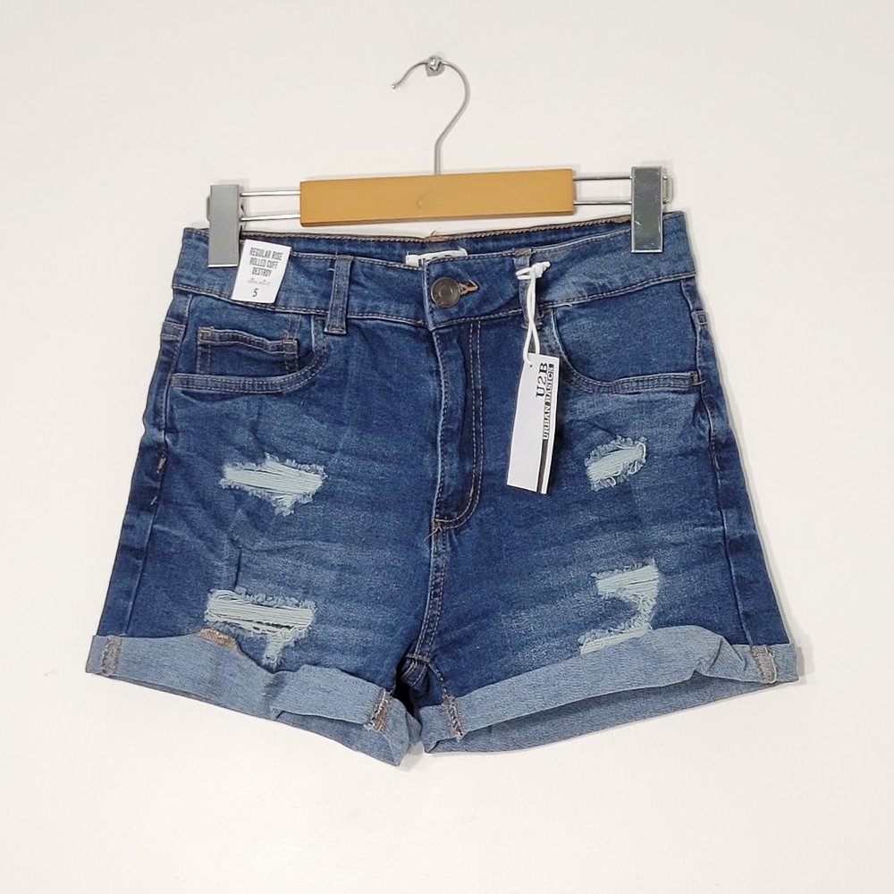Urban Basics U2B | Denim Blue Jean Shorts Rolled Cuff Distressed Destroyed 5 NWT